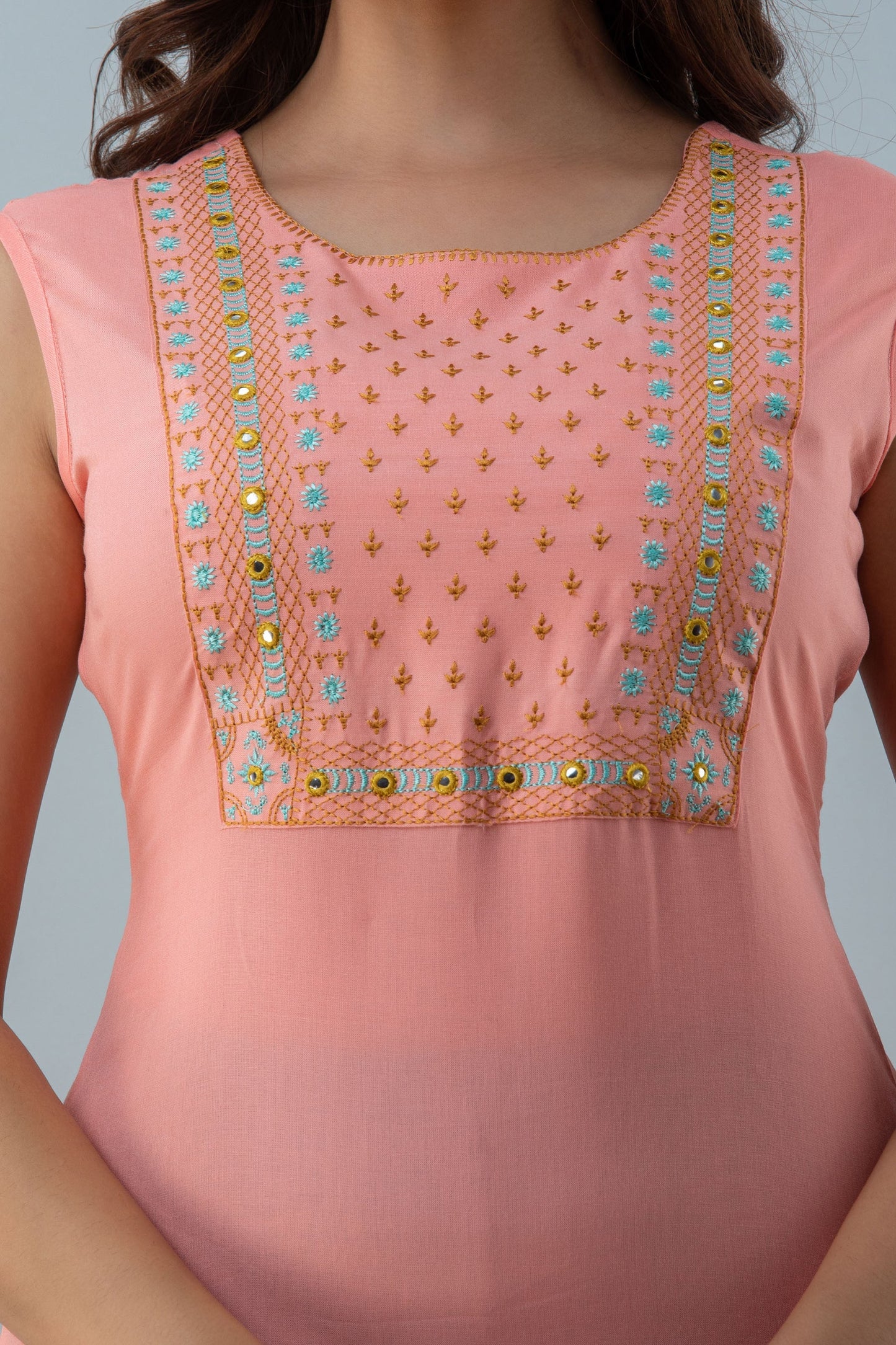 Embroidered Asymmetrical Calf Lenth Sleeveless Round Neck Rayon Kurta (Preorder)