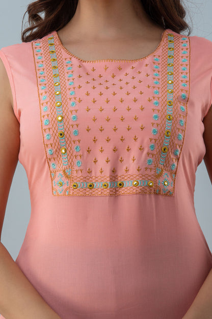 Embroidered Asymmetrical Calf Lenth Sleeveless Round Neck Rayon Kurta (Preorder)