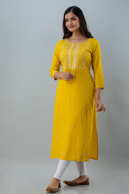 Embroidered Straight Calf Lenth 3/4 Sleeves Round Neck Rayon Kurta (Preorder)
