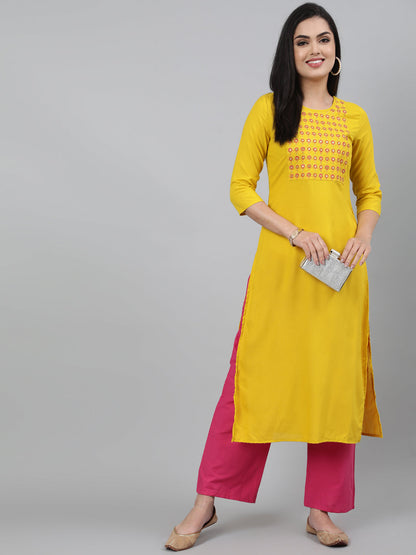 Rayon Mirror work 3/4 Sleeve Straight Round Neck Calf Length Kurta (Preorder)