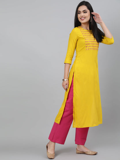 Rayon Mirror work 3/4 Sleeve Straight Round Neck Calf Length Kurta (Preorder)