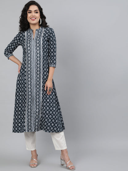 Rayon Printed 3/4 Sleeve A-Line Collar Neck Calf Length Kurta (Preorder)