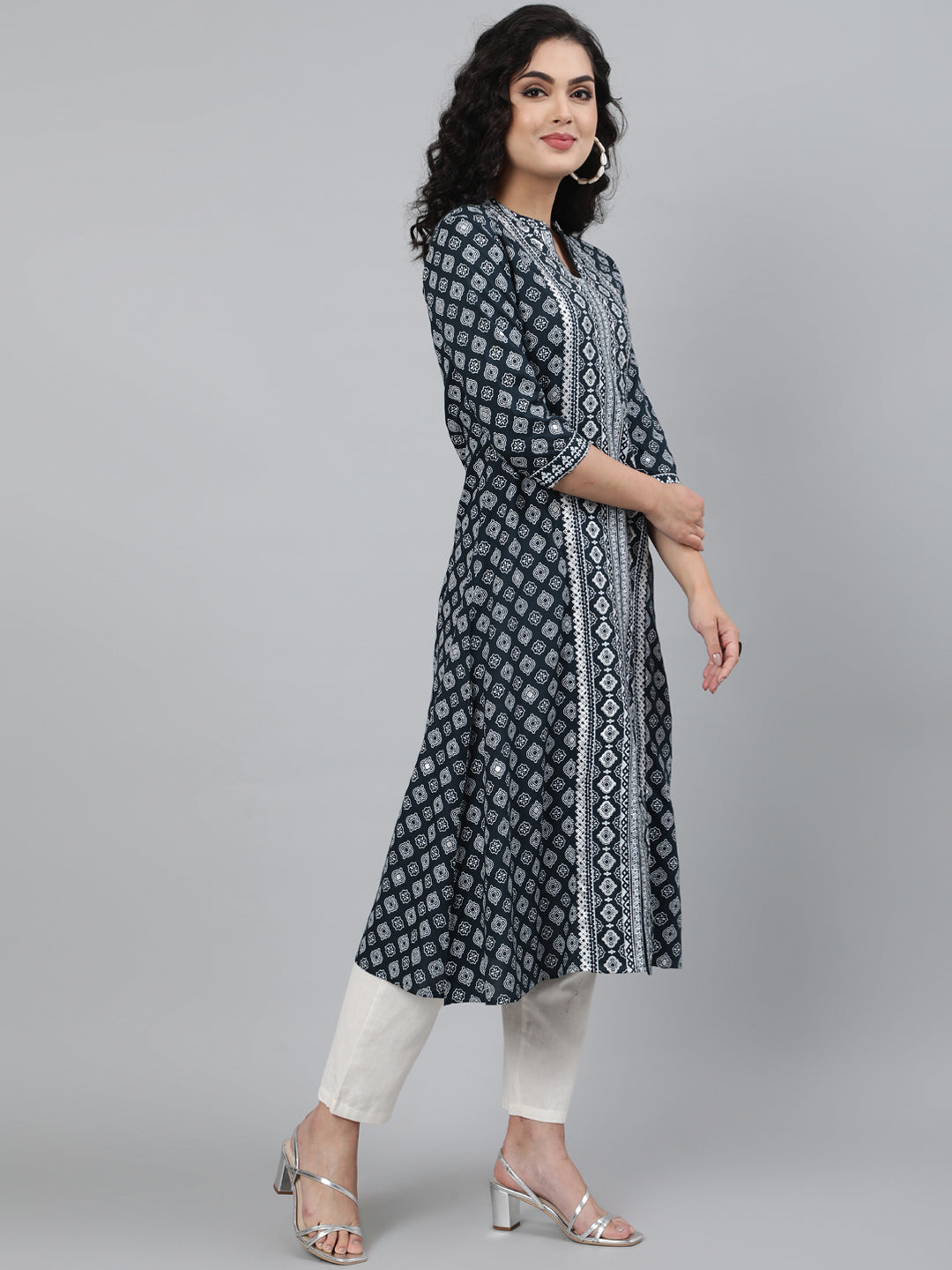 Rayon Printed 3/4 Sleeve A-Line Collar Neck Calf Length Kurta (Preorder)