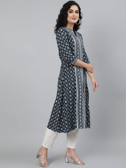 Rayon Printed 3/4 Sleeve A-Line Collar Neck Calf Length Kurta (Preorder)