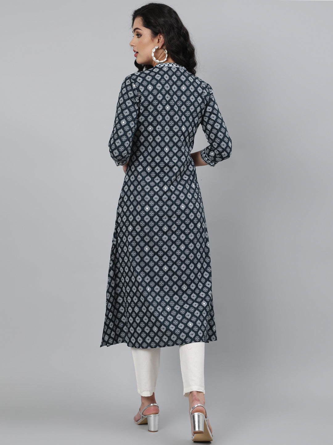 Rayon Printed 3/4 Sleeve A-Line Collar Neck Calf Length Kurta (Preorder)