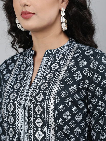 Rayon Printed 3/4 Sleeve A-Line Collar Neck Calf Length Kurta (Preorder)