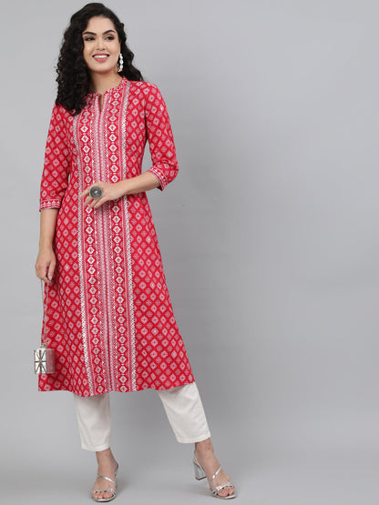 Rayon Printed 3/4 Sleeve A-Line Collar Neck Calf Length Kurta (Preorder)