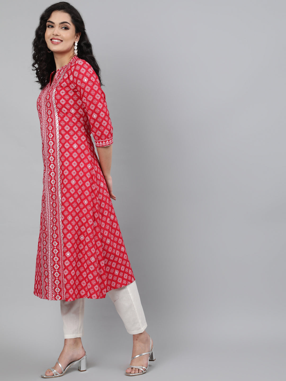 Rayon Printed 3/4 Sleeve A-Line Collar Neck Calf Length Kurta (Preorder)