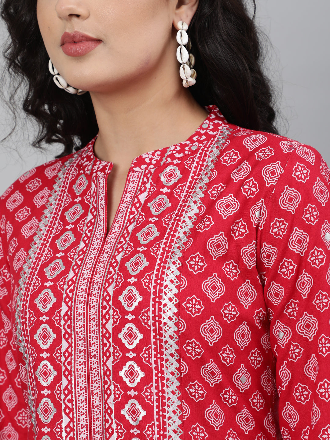 Rayon Printed 3/4 Sleeve A-Line Collar Neck Calf Length Kurta (Preorder)