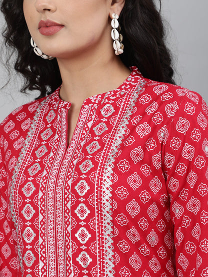 Rayon Printed 3/4 Sleeve A-Line Collar Neck Calf Length Kurta (Preorder)