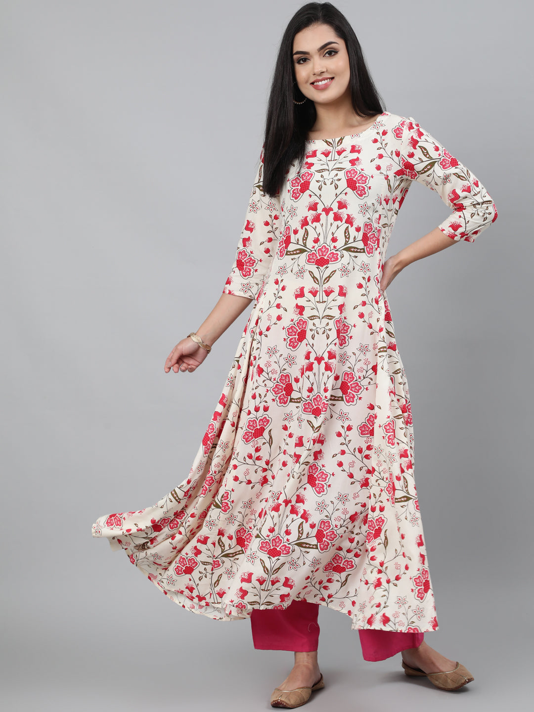 Cotton Printed 3/4 Sleeve Flared Collar Neck Calf Length Kurta (Preorder)