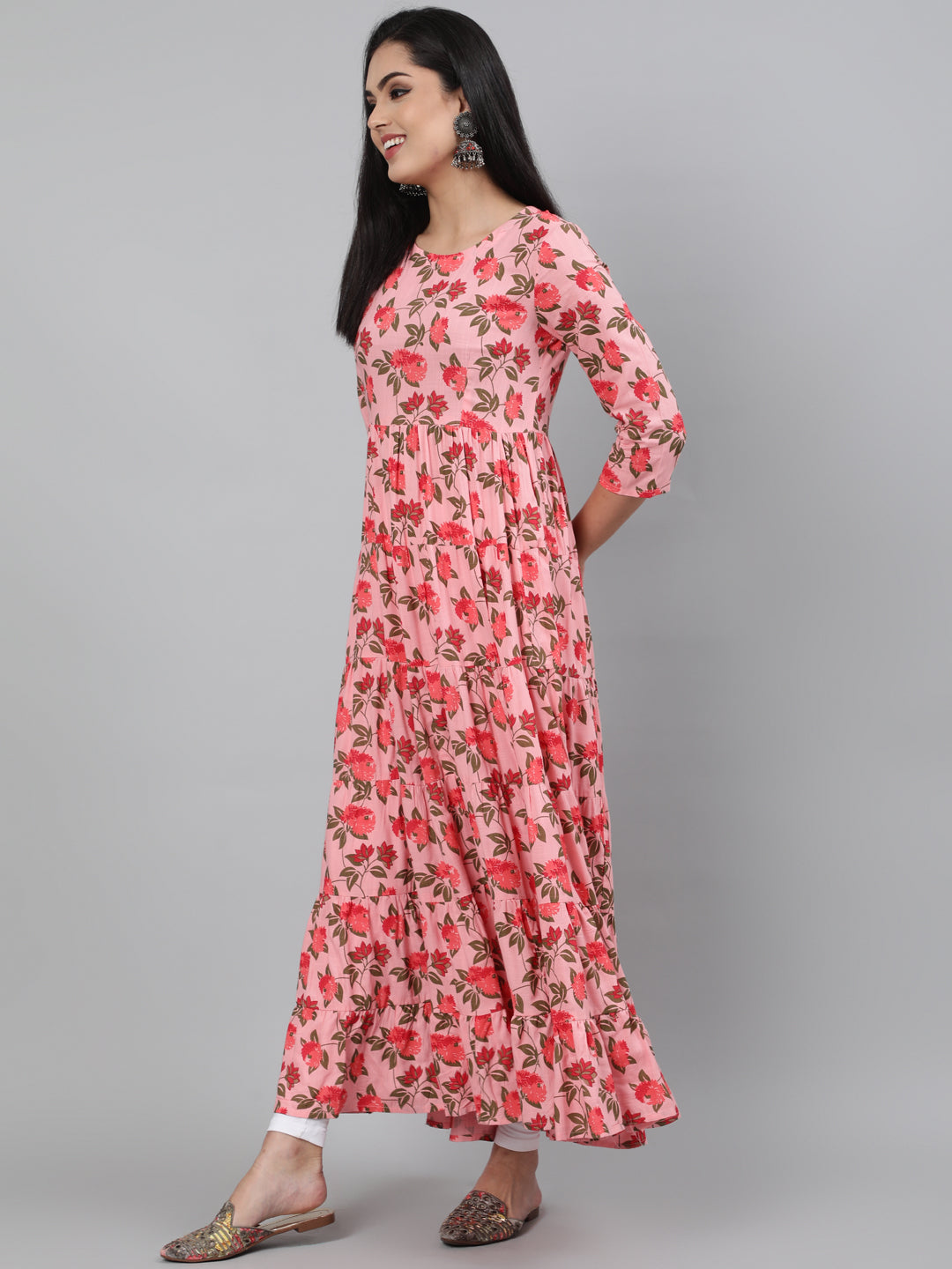 Rayon Printed 3/4 Sleeve Flared Round Neck Ankle Length Length Kurta (Preorder)
