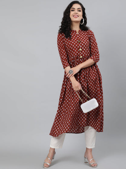Cotton Printed 3/4 Sleeve Flared Collar Neck Calf Length Kurta (Preorder)