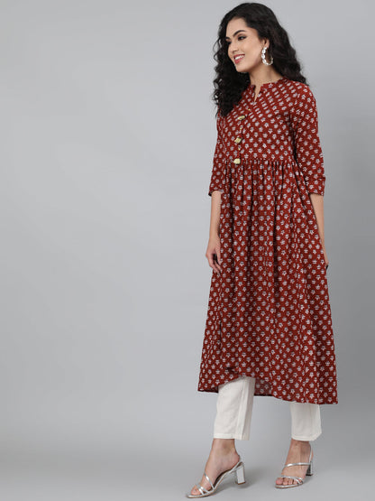 Cotton Printed 3/4 Sleeve Flared Collar Neck Calf Length Kurta (Preorder)
