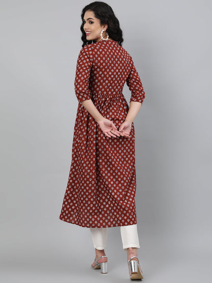 Cotton Printed 3/4 Sleeve Flared Collar Neck Calf Length Kurta (Preorder)