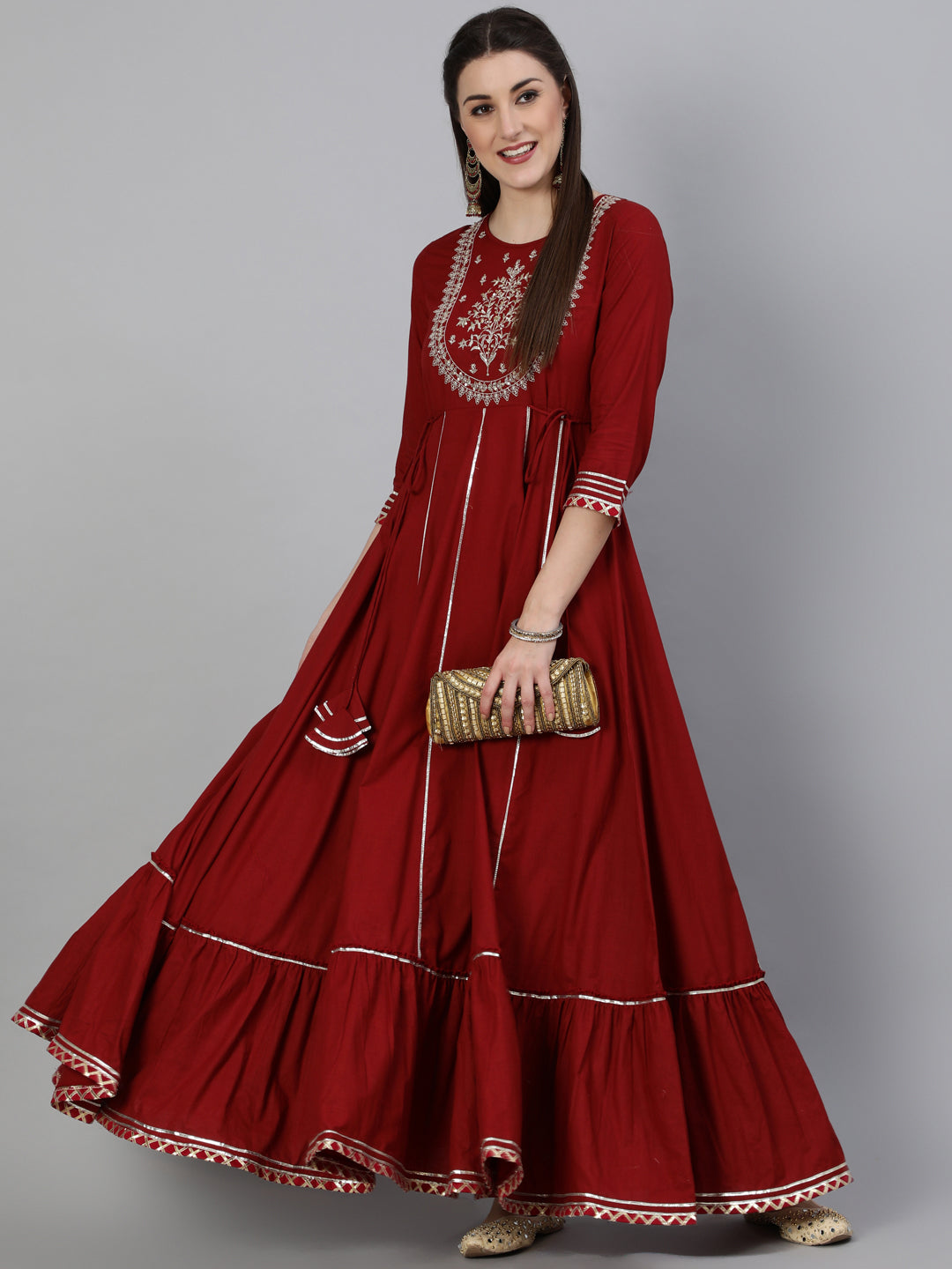 Cotton Zari Work Flared 3/4 Sleeve Round Neck Full length Kurta (Preorder)