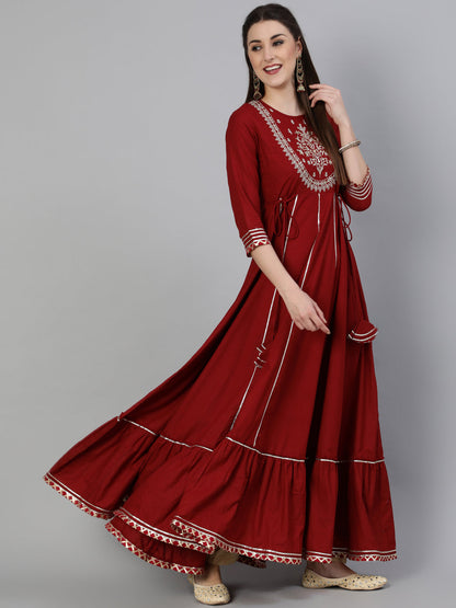 Cotton Zari Work Flared 3/4 Sleeve Round Neck Full length Kurta (Preorder)