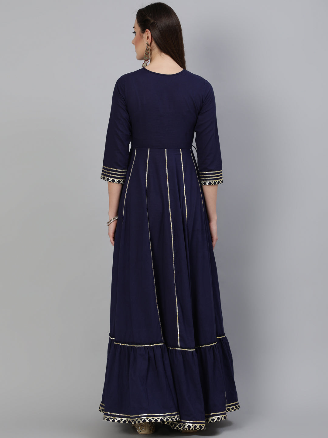 Cotton Zari Work Flared 3/4 Sleeve Round Neck Full length Kurta (Preorder)