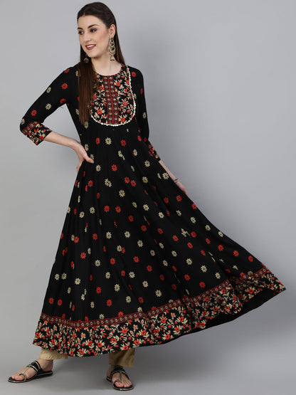 Rayon  Printed Flared 3/4 Sleeve Round Neck Ankle Length Kurta (Preorder)