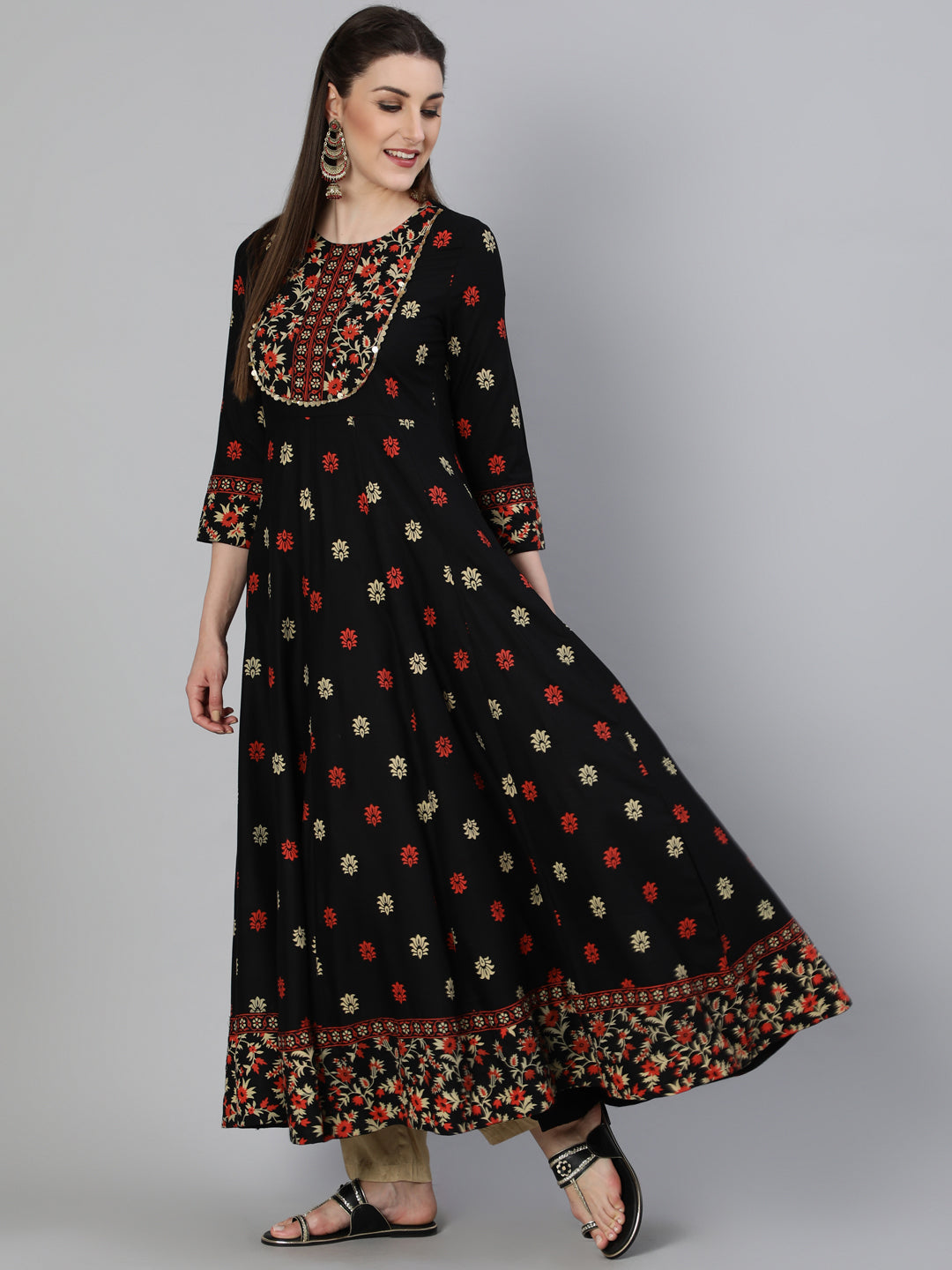 Rayon  Printed Flared 3/4 Sleeve Round Neck Ankle Length Kurta (Preorder)