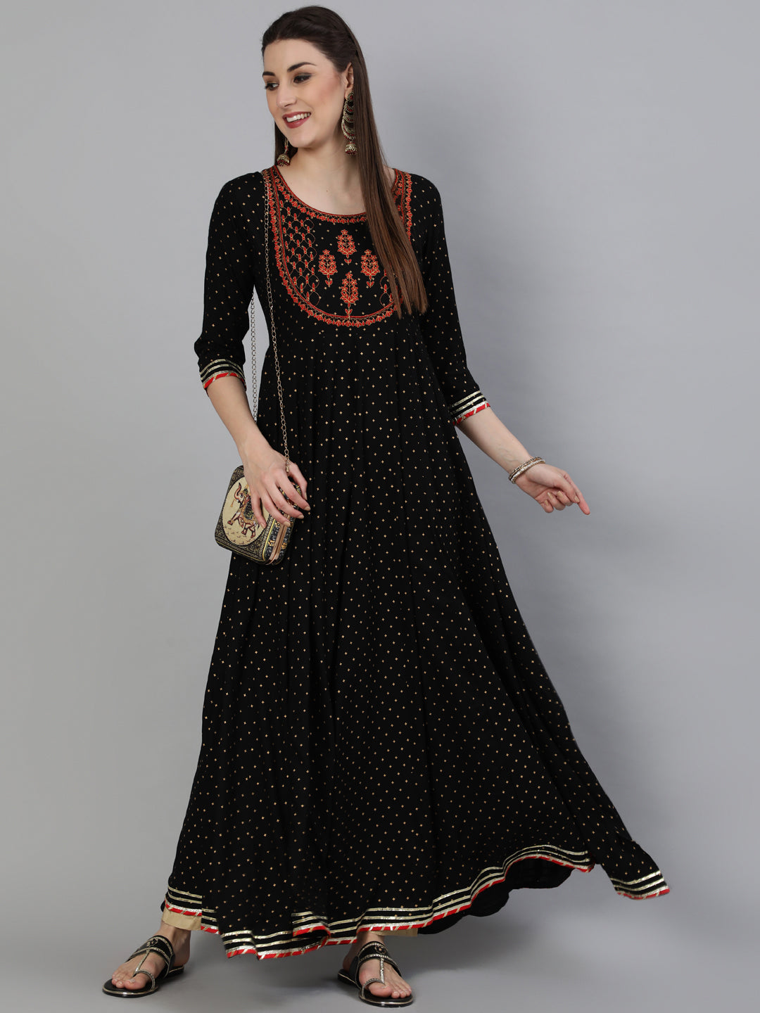 Rayon  Foil Printed Flared 3/4 Sleeve Round Neck Ankle Length Kurta (Preorder)