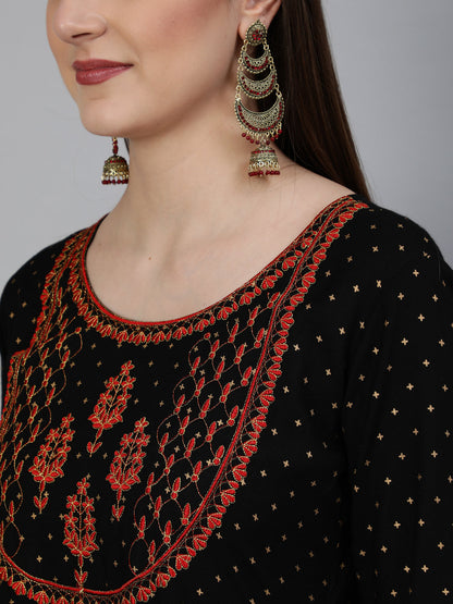 Rayon  Foil Printed Flared 3/4 Sleeve Round Neck Ankle Length Kurta (Preorder)