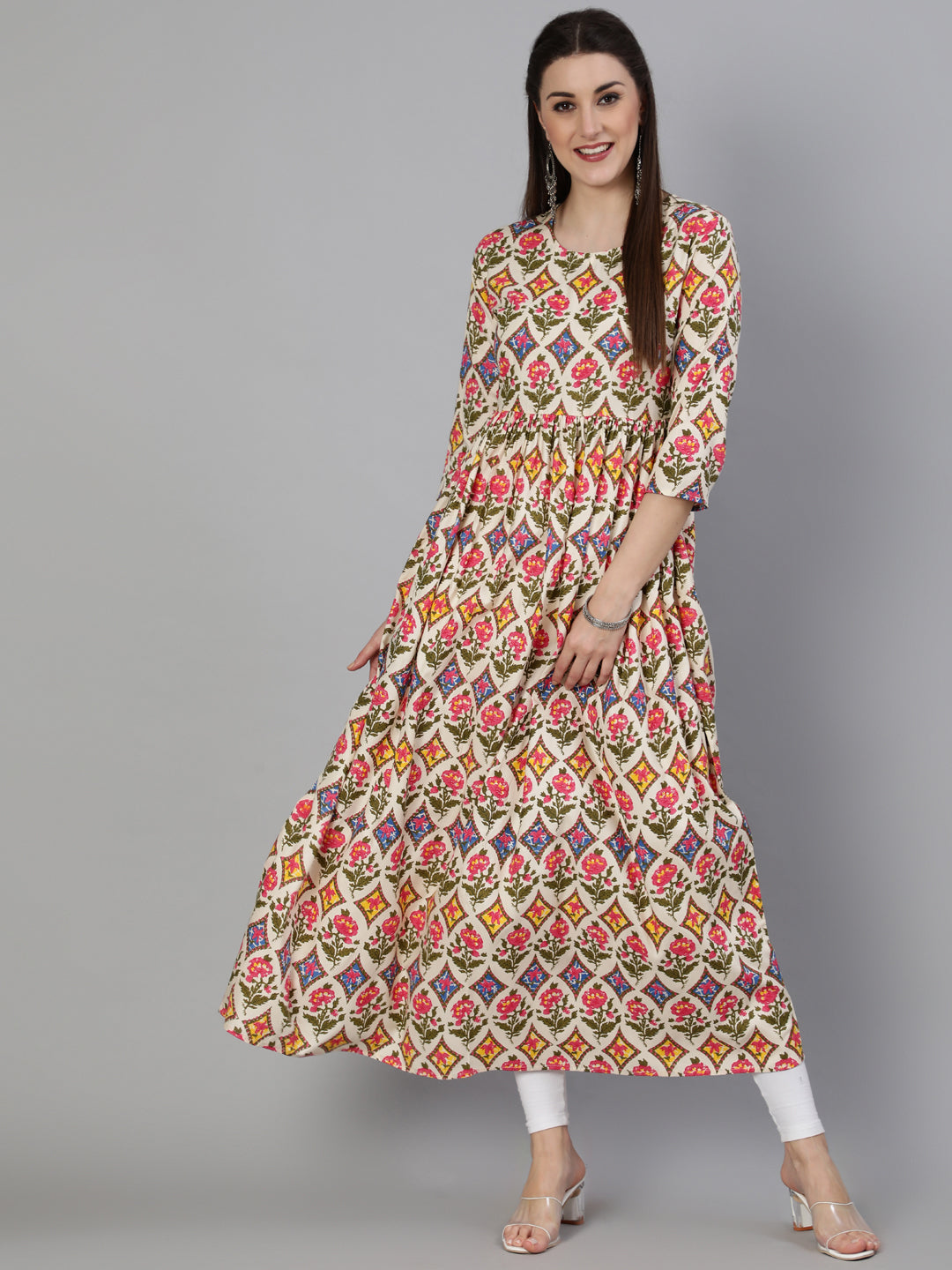Rayon Printed A-Line 3/4 Sleeve Round Neck Calf Length Kurta (Preorder)