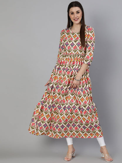 Rayon Printed A-Line 3/4 Sleeve Round Neck Calf Length Kurta (Preorder)