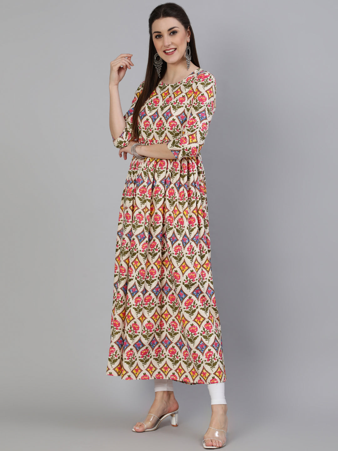 Rayon Printed A-Line 3/4 Sleeve Round Neck Calf Length Kurta (Preorder)