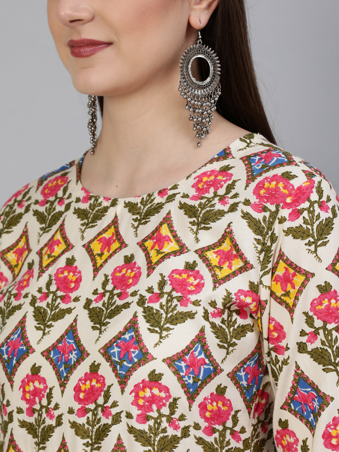 Rayon Printed A-Line 3/4 Sleeve Round Neck Calf Length Kurta (Preorder)