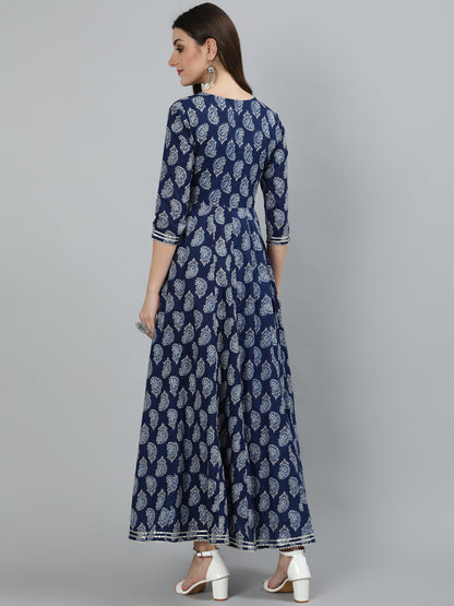 Cotton Printed Flared 3/4 Sleeve Round Neck Ankle Length Kurta (Preorder)