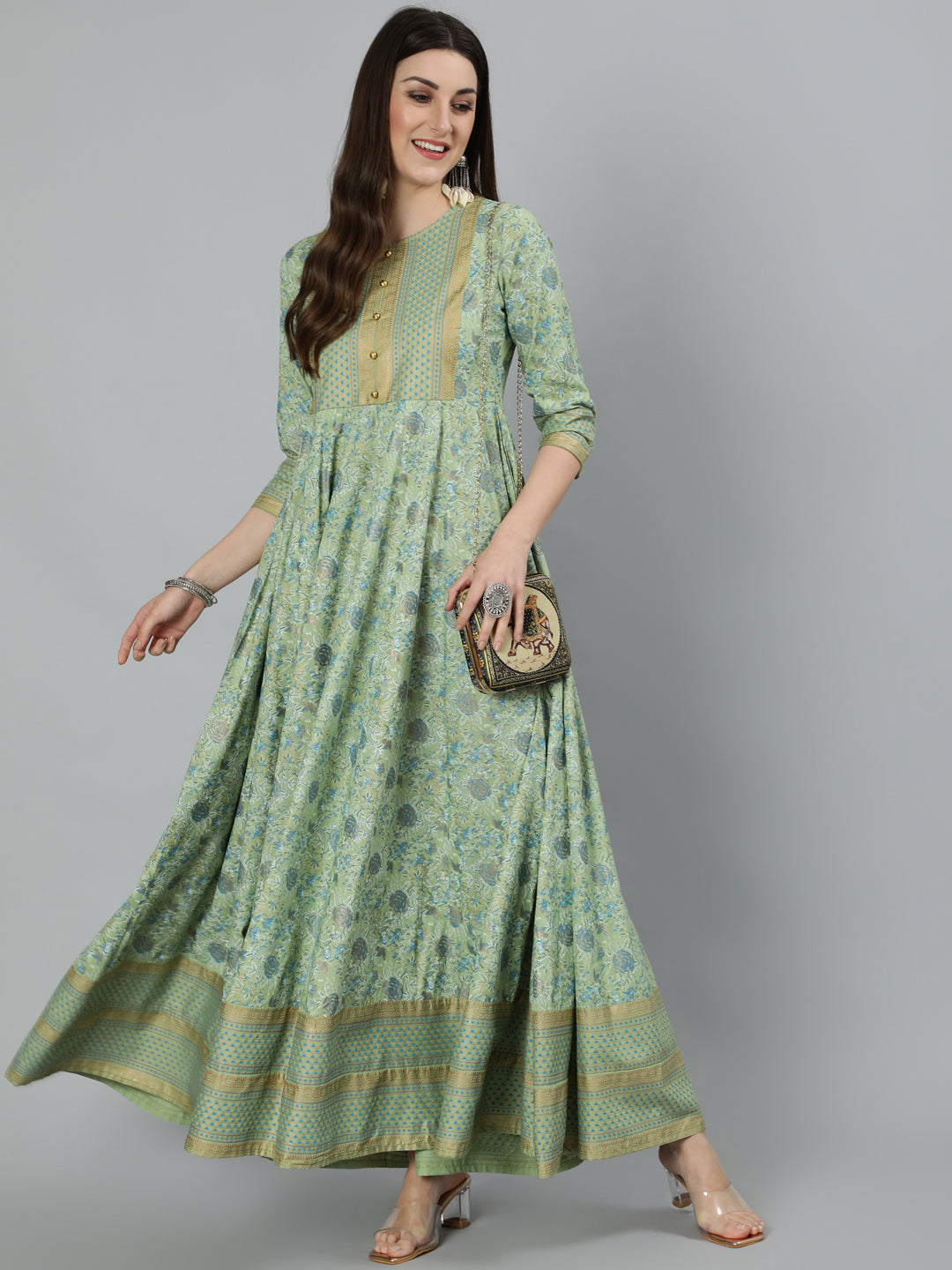 Rayon Foil Printed Flared 3/4 Sleeve Round Neck Full length Kurta (Preorder)