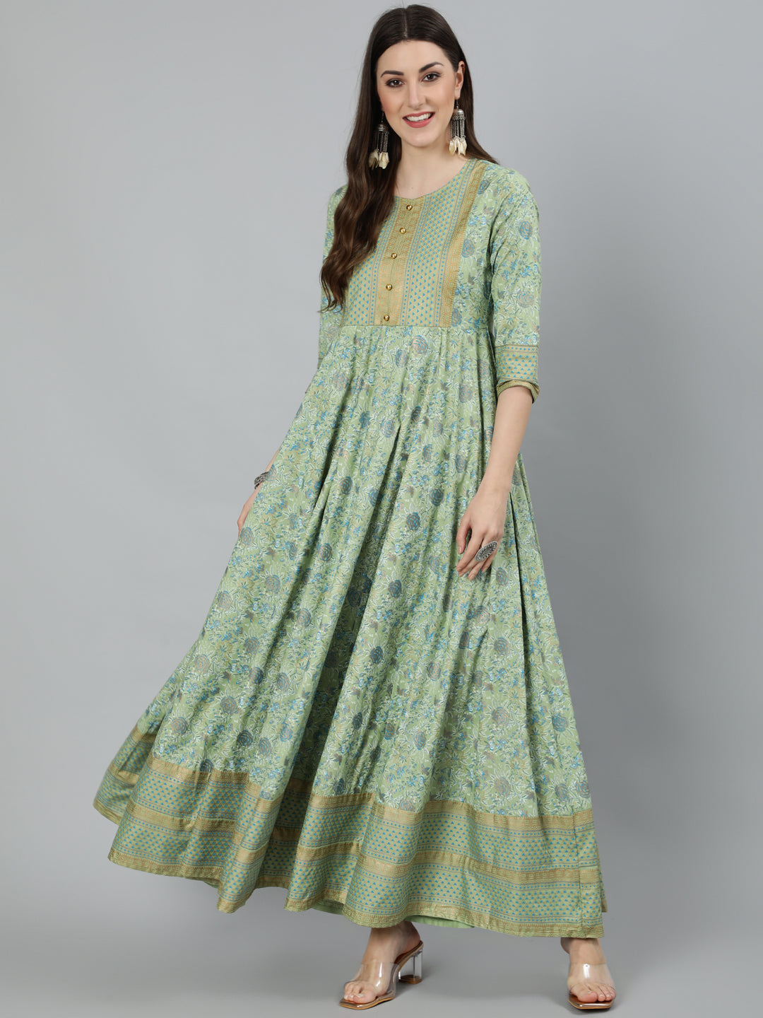 Rayon Foil Printed Flared 3/4 Sleeve Round Neck Full length Kurta (Preorder)