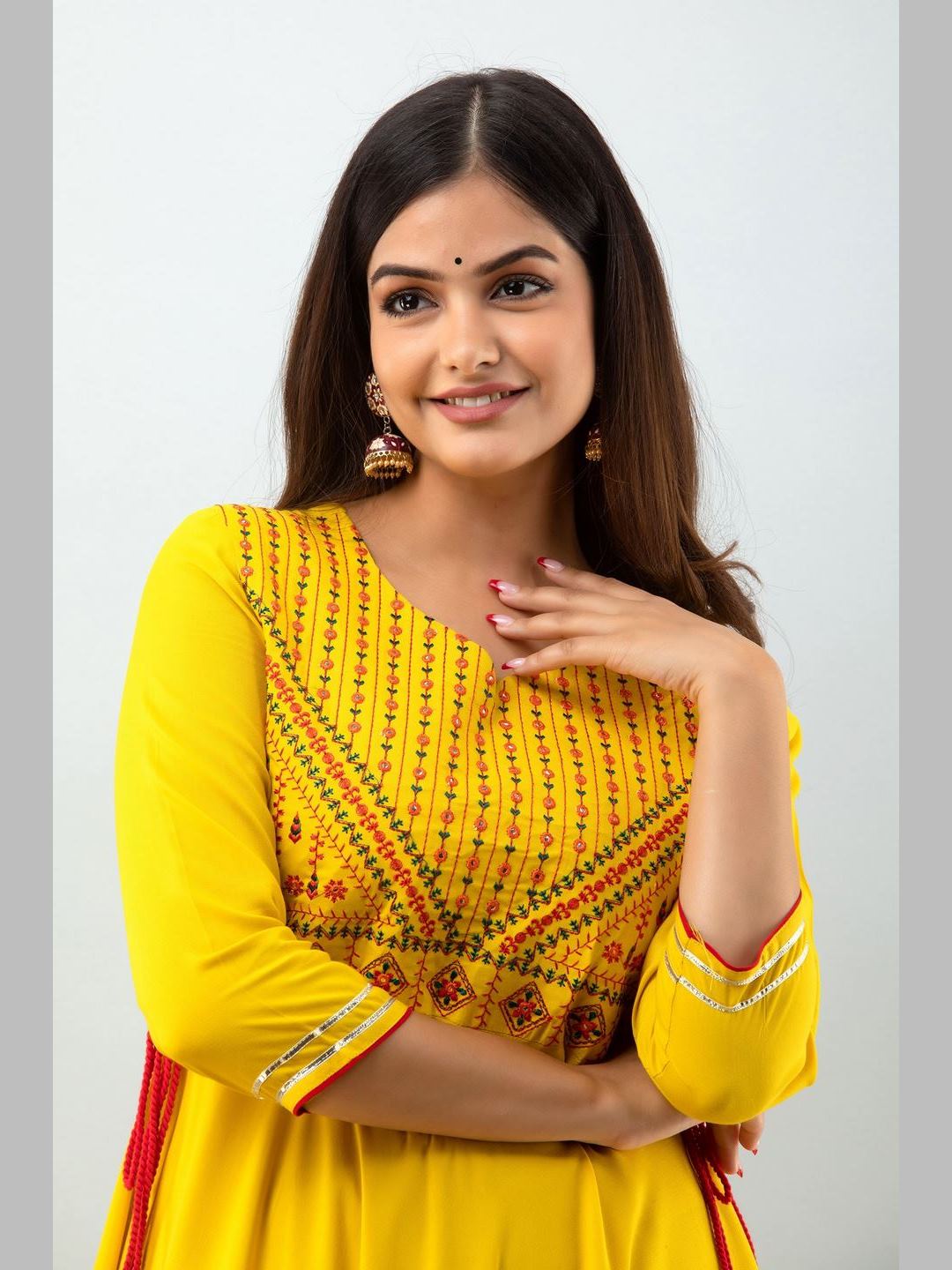 Rayon Embroidered 3/4 Sleeve Straight Round Neck Calf Length Kurta (Preorder)