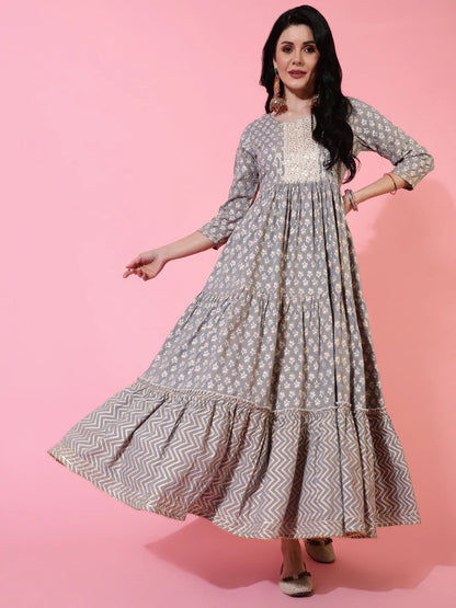 Rayon Ankle Length Flared 3/4 Sleeves Printed Round Neck Kurta (Preorder)