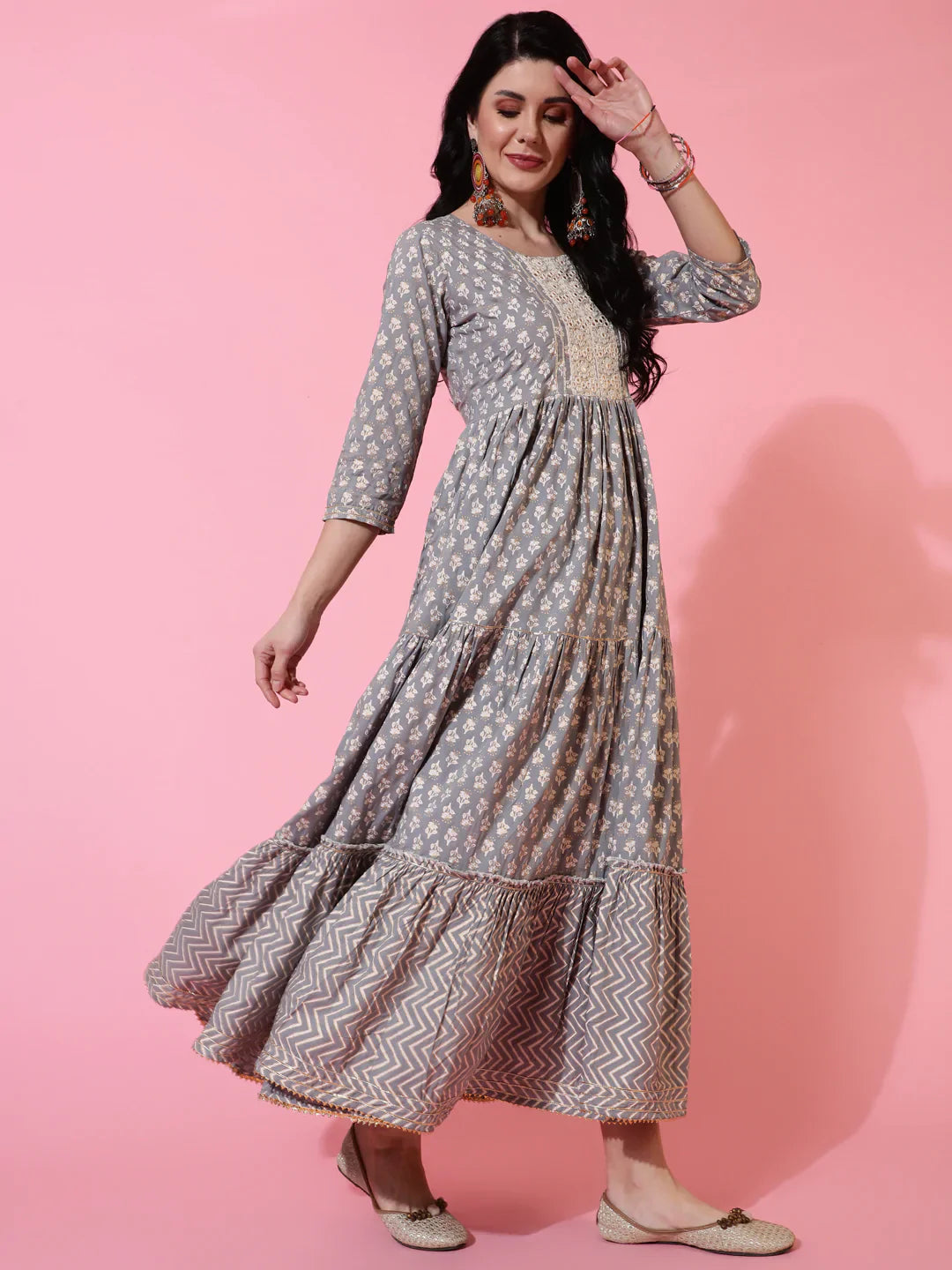 Rayon Ankle Length Flared 3/4 Sleeves Printed Round Neck Kurta (Preorder)
