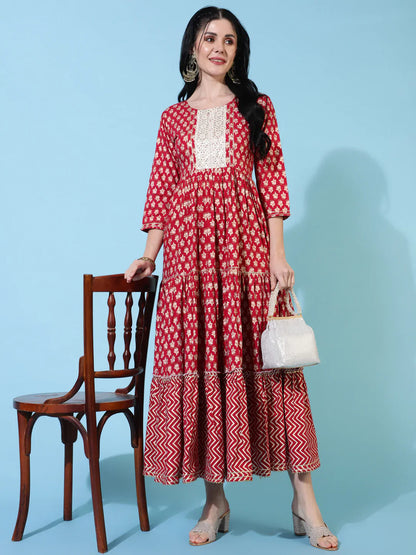 Rayon Ankle Length Flared 3/4 Sleeves Printed Round Neck Kurta (Preorder)