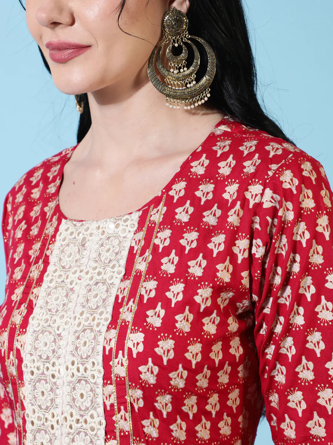 Rayon Ankle Length Flared 3/4 Sleeves Printed Round Neck Kurta (Preorder)