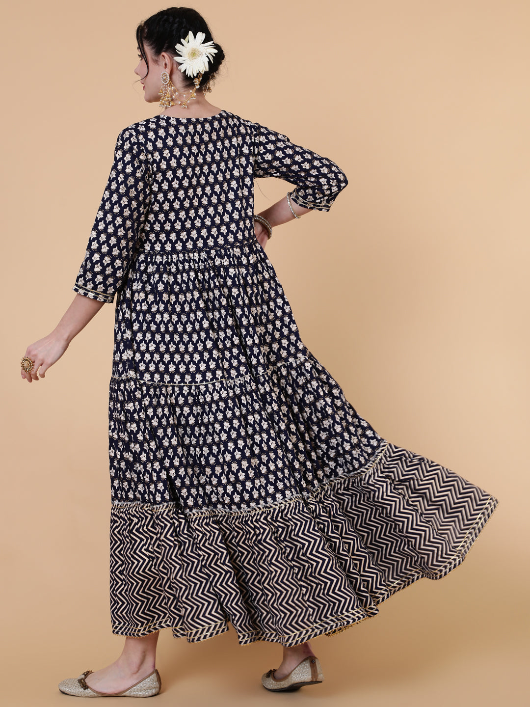 Rayon Ankle Length Flared 3/4 Sleeves Printed Round Neck Kurta (Preorder)