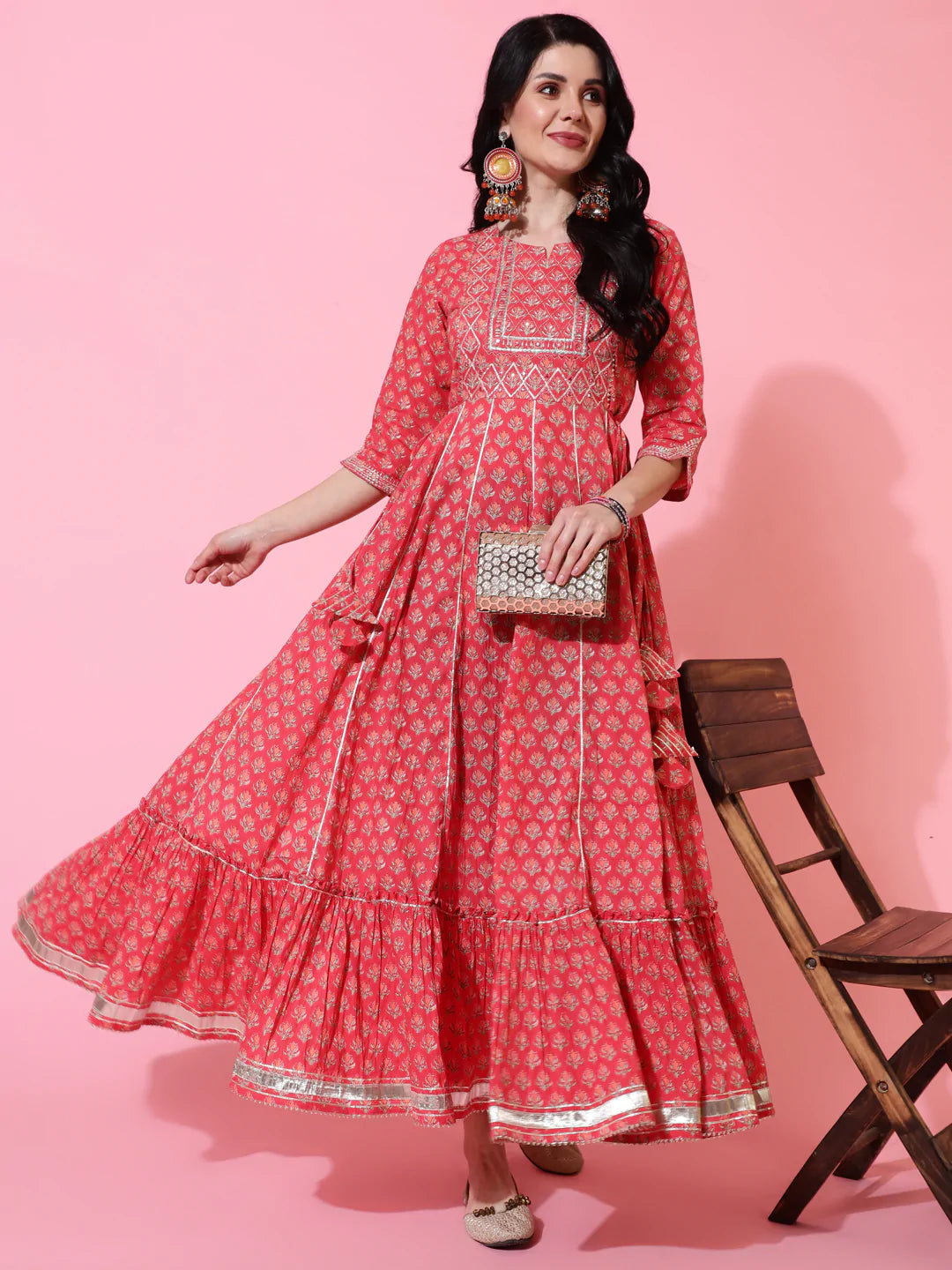 Cotton Full Length Flared 3/4 Sleeves Printed Round Neck Kurta (Preorder)
