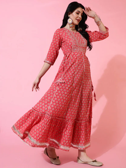 Cotton Full Length Flared 3/4 Sleeves Printed Round Neck Kurta (Preorder)
