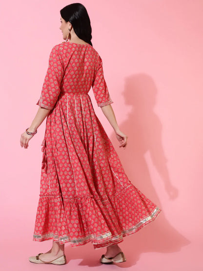 Cotton Full Length Flared 3/4 Sleeves Printed Round Neck Kurta (Preorder)