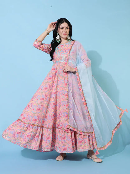 Cotton Full Length Flared 3/4 Sleeves Printed Round Neck Kurta And Dupatta Set (Preorder)