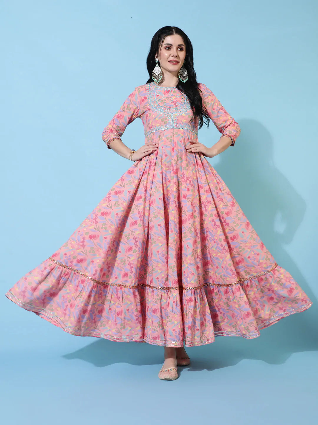 Cotton Full Length Flared 3/4 Sleeves Printed Round Neck Kurta And Dupatta Set (Preorder)