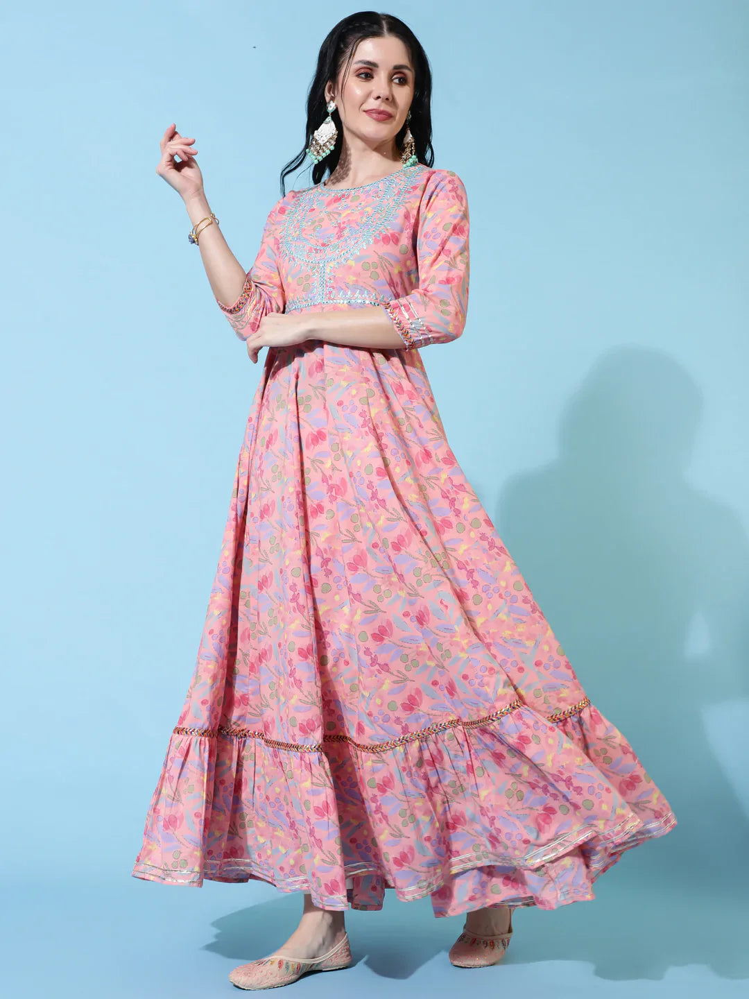 Cotton Full Length Flared 3/4 Sleeves Printed Round Neck Kurta And Dupatta Set (Preorder)