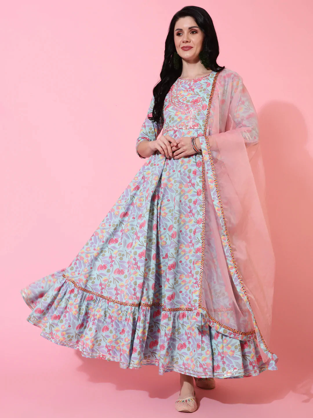 Cotton Full Length Flared 3/4 Sleeves Printed Round Neck Kurta And Dupatta Set (Preorder)