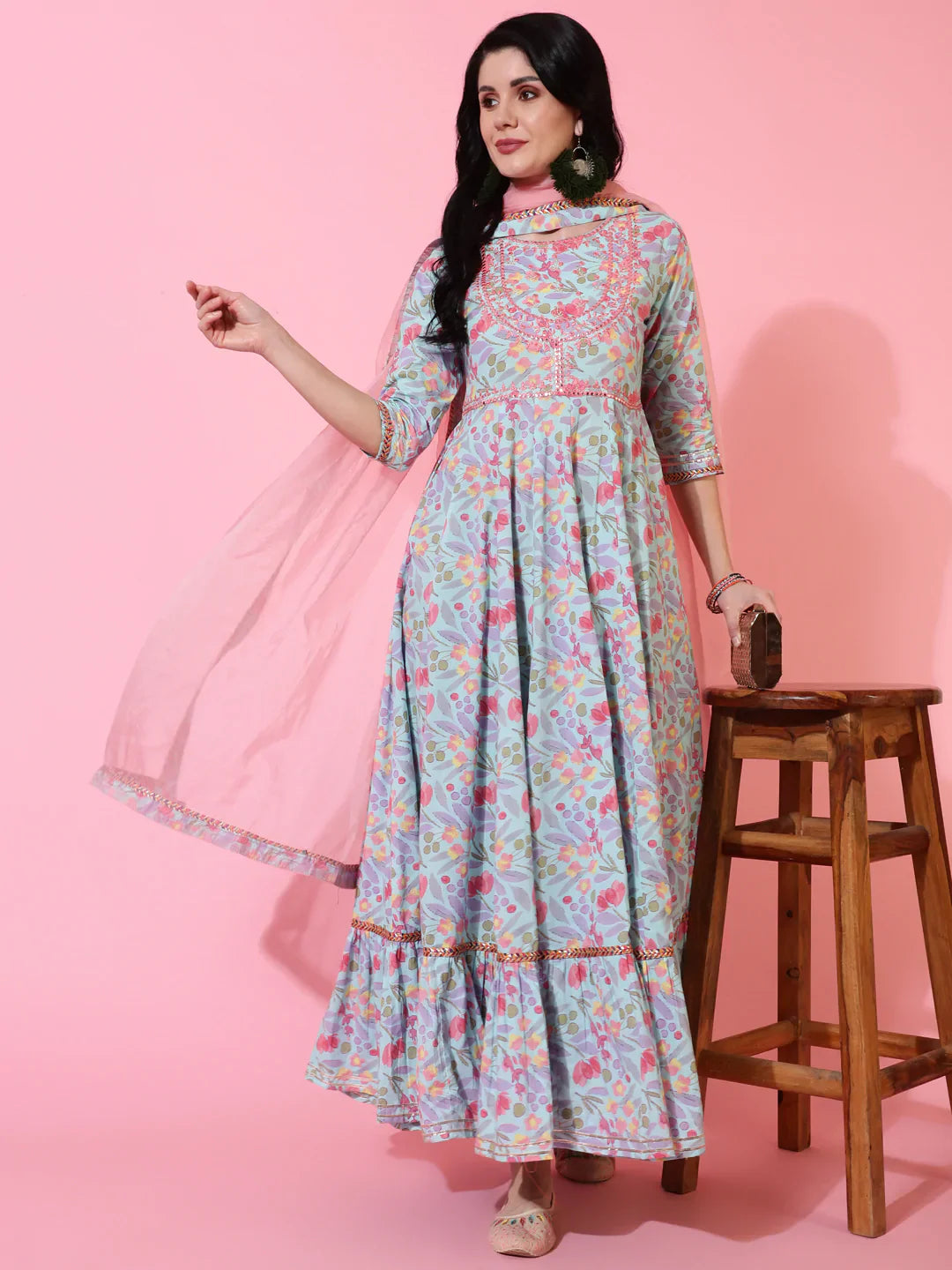 Cotton Full Length Flared 3/4 Sleeves Printed Round Neck Kurta And Dupatta Set (Preorder)