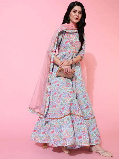 Cotton Full Length Flared 3/4 Sleeves Printed Round Neck Kurta And Dupatta Set (Preorder)