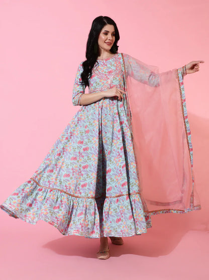 Cotton Full Length Flared 3/4 Sleeves Printed Round Neck Kurta And Dupatta Set (Preorder)