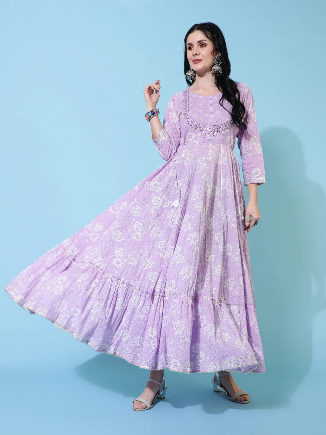 Cotton Full Length Flared 3/4 Sleeves Printed Round Neck Kurta (Preorder)